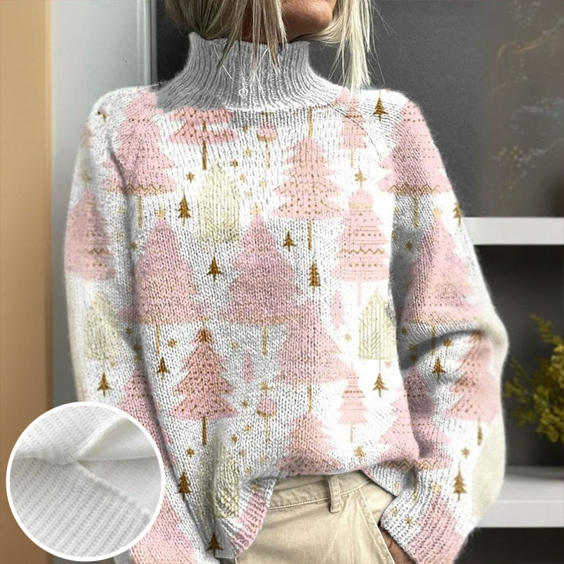 Pink Christmas Christmas Tree Pattern Art Print Turtleneck Pullover Sweater - Pink - 4XL - image 1