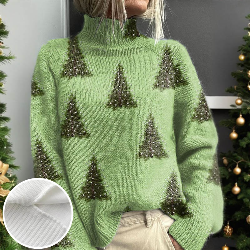 Women's Lovely Christmas Tree Art Print Turtleneck Pullover Sweater - Green - 4XL - image 1