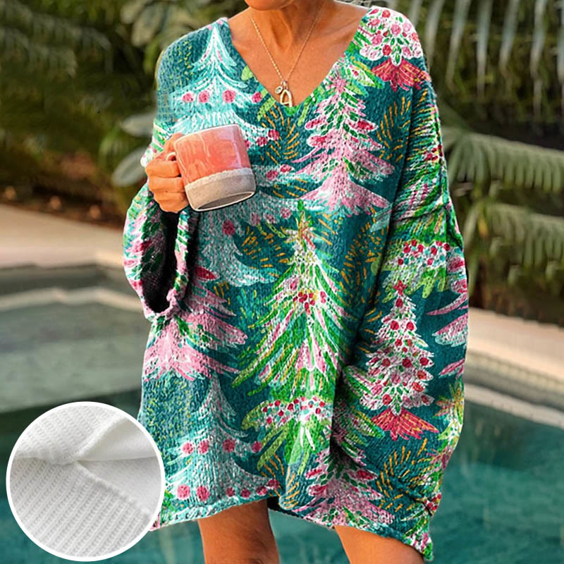 Women's Colorful Christmas Tree Art  Print V-neck Pullover Sweater - Green - 6XL - image 1