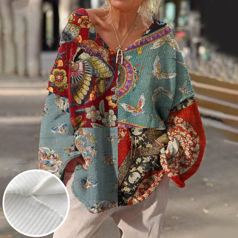 Women's Vintage Flower Buttefly Splicing Pattern Art  Print V-neck Pullover Sweater - Red - 6XL - image 1