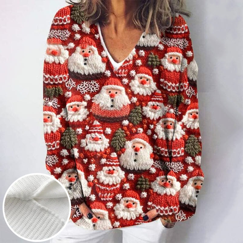Lovely Christmas Santa Art Print Causal V-neck Pullover Sweater - Red - 4XL - image 1