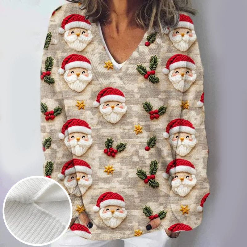 Lovely Christmas Cartoon Santa Art Print Causal V-neck Pullover Sweater - Multicolor - 4XL - image 1