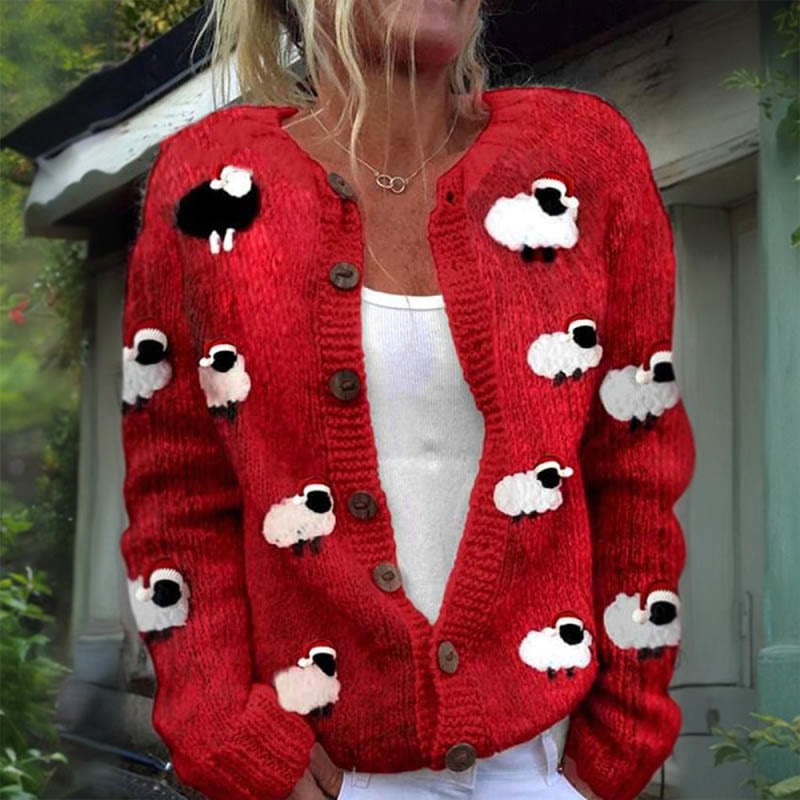 Lovely Christmas Sheep Art Print Buttoned Cardigan Sweater - image 2
