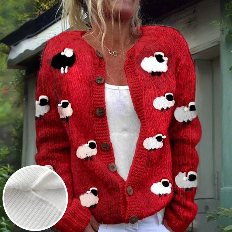 Lovely Christmas Sheep Art Print Buttoned Cardigan Sweater - Red - 4XL - image 1