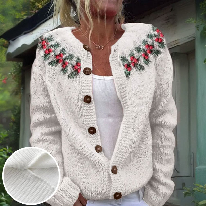 Women's Christmas Cute Tree Print Buttoned Cardigan Sweater - White - 4XL - image 1