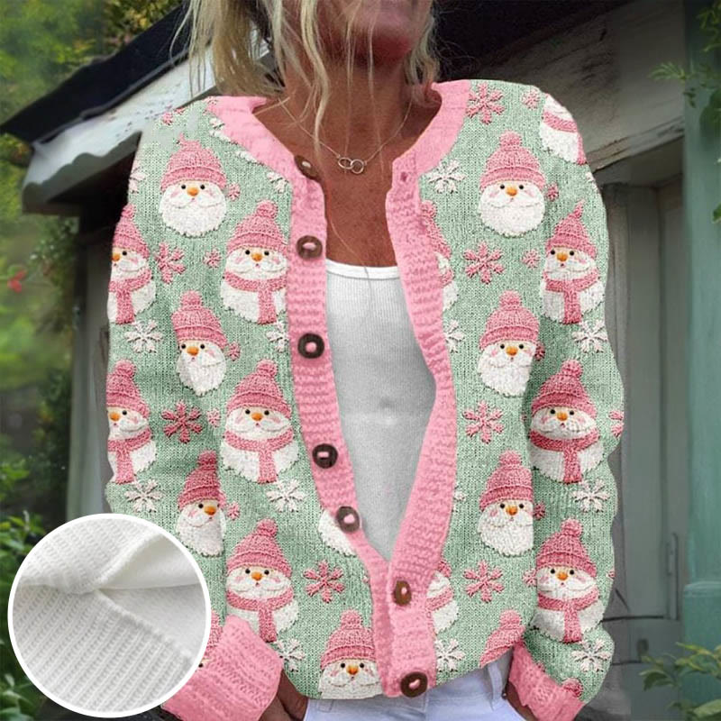 Women's Lovely Christmas Santa Snow Art Print Buttoned Cardigan Sweater - Pink - 4XL - image 1