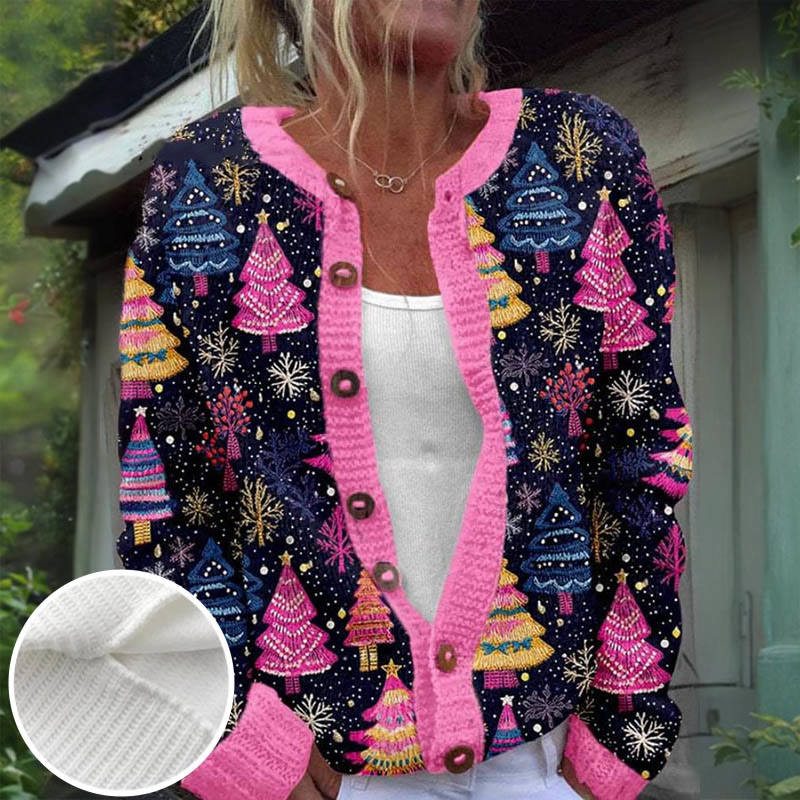 Women's Fantasy Christmas Tree Night Art Print Buttoned Cardigan Sweater - Pink - 4XL - image 1