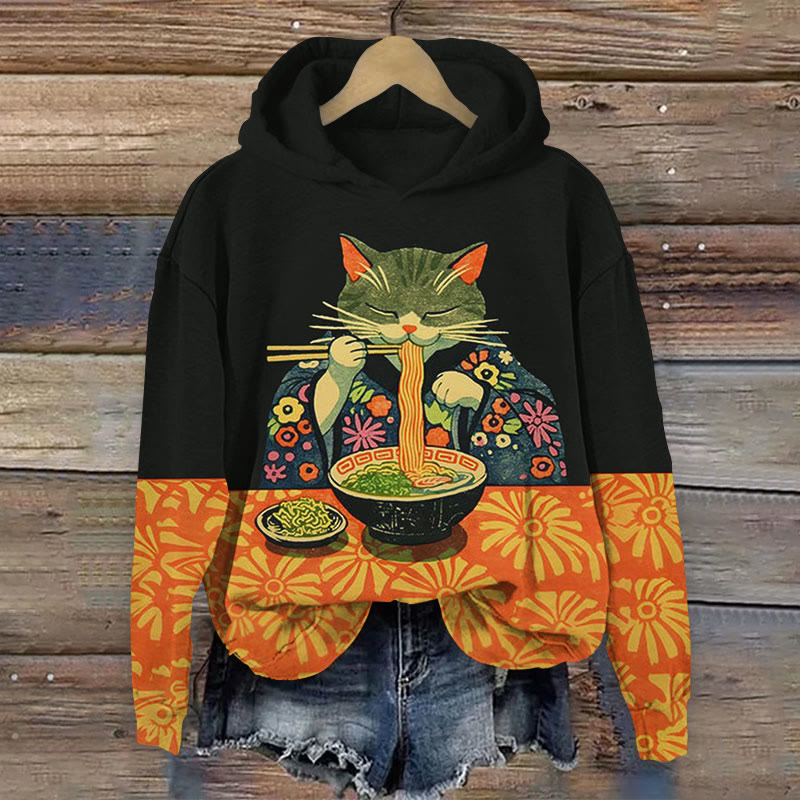 Women's Kimono Eating Noodles Cat Art Print Long Sleeve Hoodie - Black - 8XL - image 1