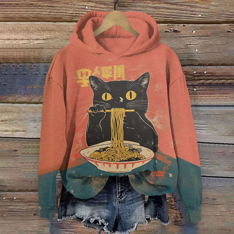 Japanese Lovely Cat Enjoying Noodles Art Print Long Sleeve Hoodie - Rose - 8XL - image 1
