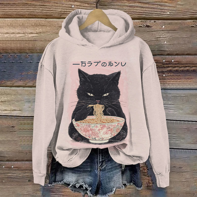 Japanese Cute Black Cat Eating Noodles Print Long Sleeve Hoodie - White - 8XL - image 1