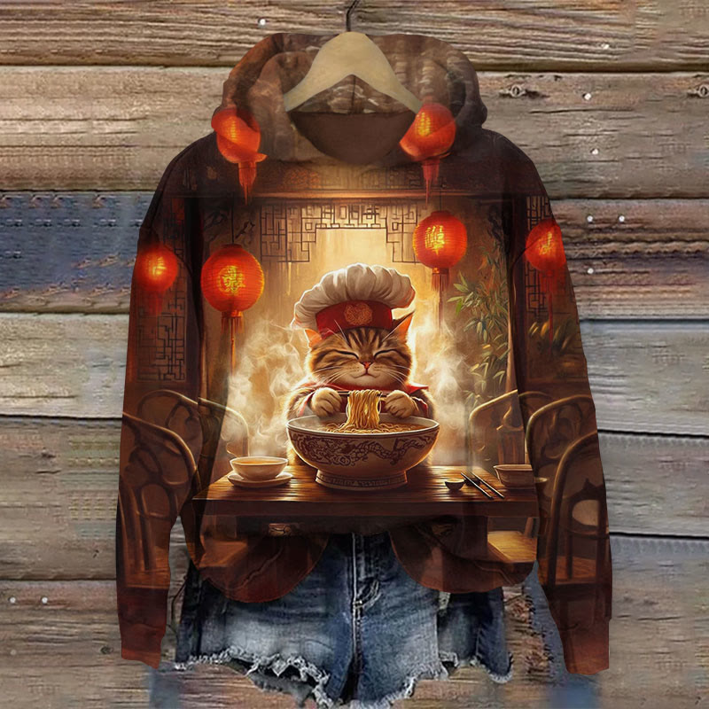 Japanese Creative Chef Cat Making Noodles Art Print Long Sleeve Hoodie - Brown - 8XL - image 1