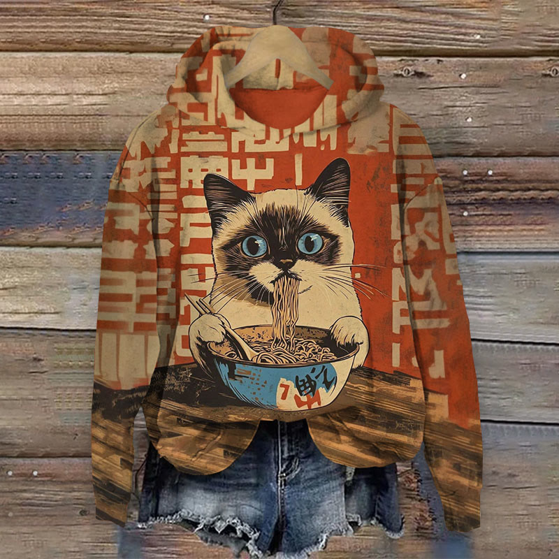 Lovely Siamese Cat Having Noodles Art Print Long Sleeve Hoodie - Orange - 8XL - image 1