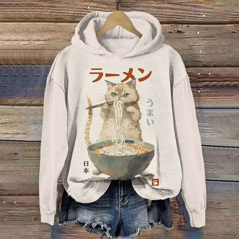 Japanese Standing Cat Eating Ramen Print Long Sleeve Hoodie - Beige - 8XL - image 1
