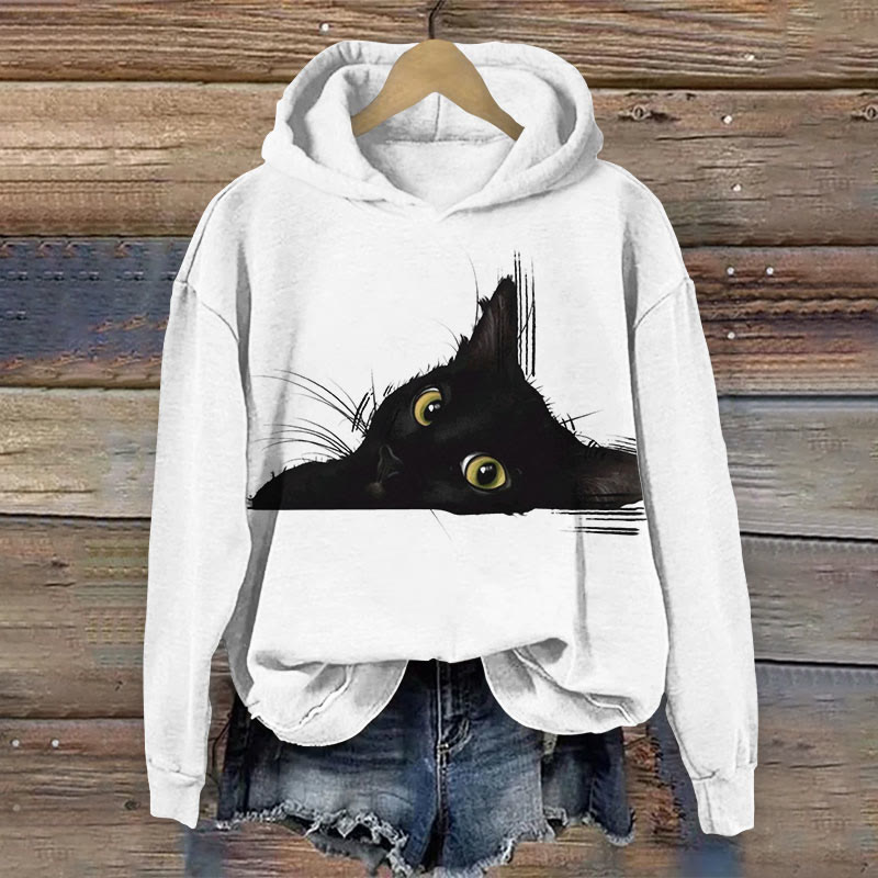 Women's Ink Watercolor Black Cat Art Print Long Sleeve Hoodie - White - 8XL - image 3