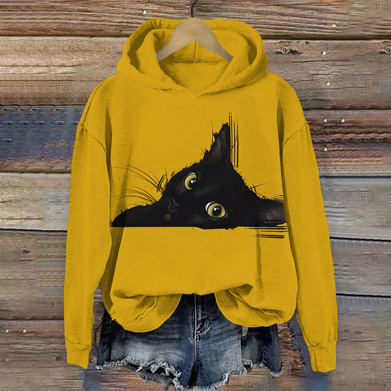 Women's Ink Watercolor Black Cat Art Print Long Sleeve Hoodie - Yellow - 8XL - image 1