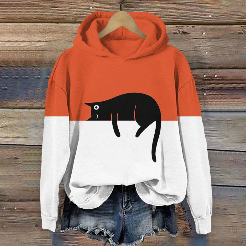Women's Lazy Lying Black Cat Art Print Long Sleeve Hoodie - Orange - 8XL - image 1