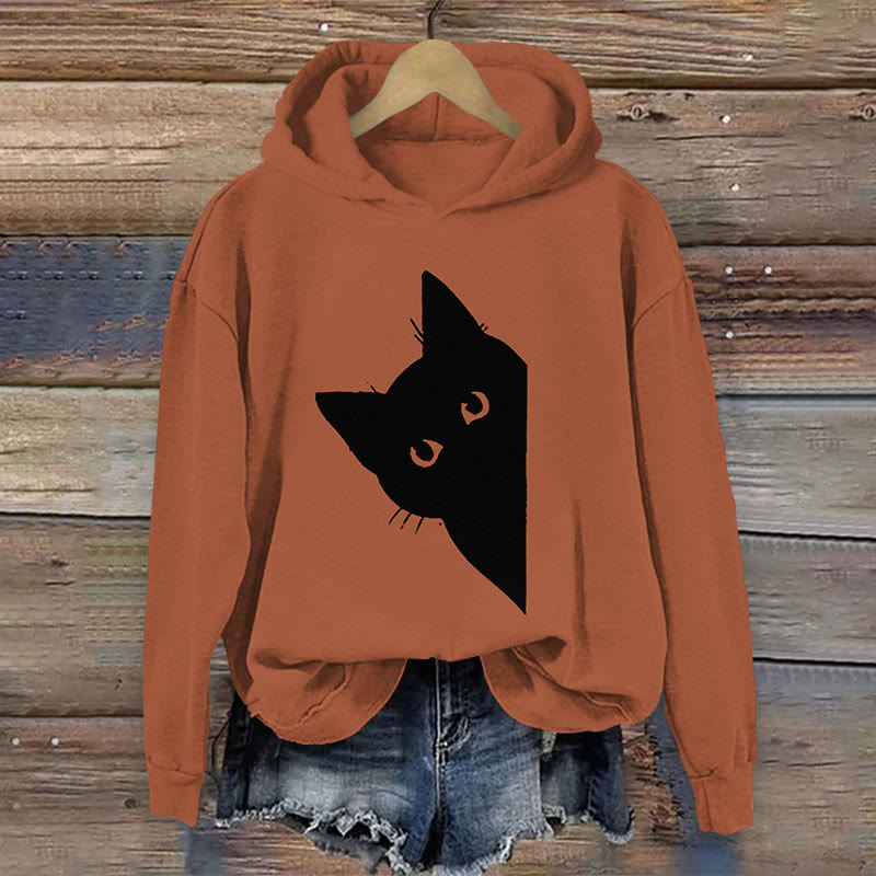 Women's Lovely Peeping Black Kitten Art Print Long Sleeve Hoodie - Brown - 8XL - image 1