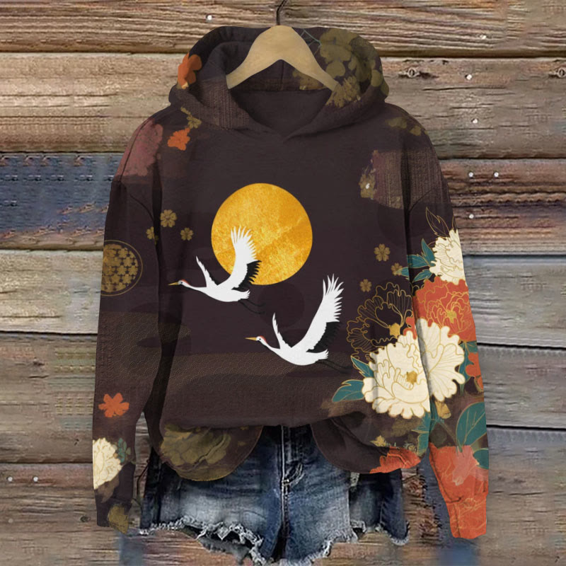 Vintage Japanese Peony Crane Print Long Sleeve Hoodie - Brown - 8XL - image 1