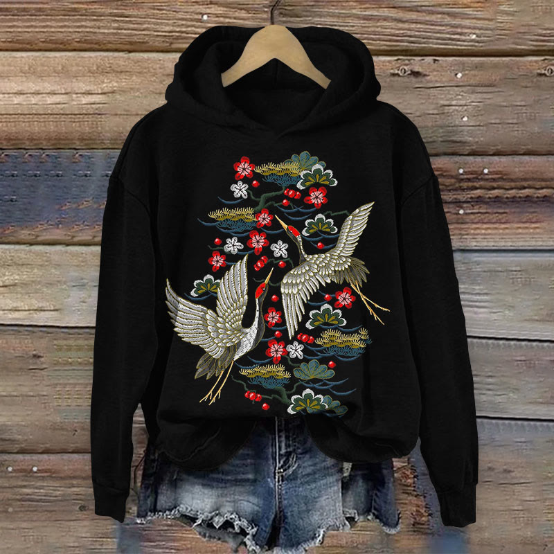Vintage Red Flower Cranes Print Long Sleeve Hoodie - Black - 8XL - image 1