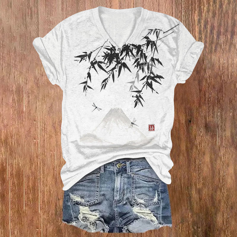 Vintage Mount Fuji Dragonfly Ink Painting Print V-neck T-shirt - White - 5XL - image 1