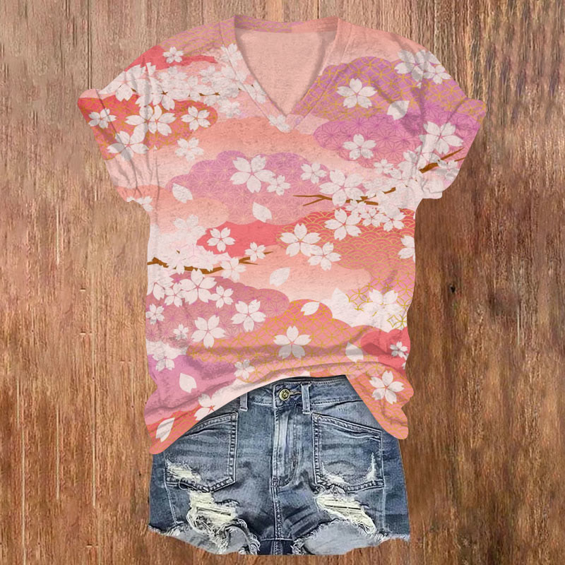 Vintage Sakura Celebration Print V-neck T-shirt - Orange - 5XL - image 1