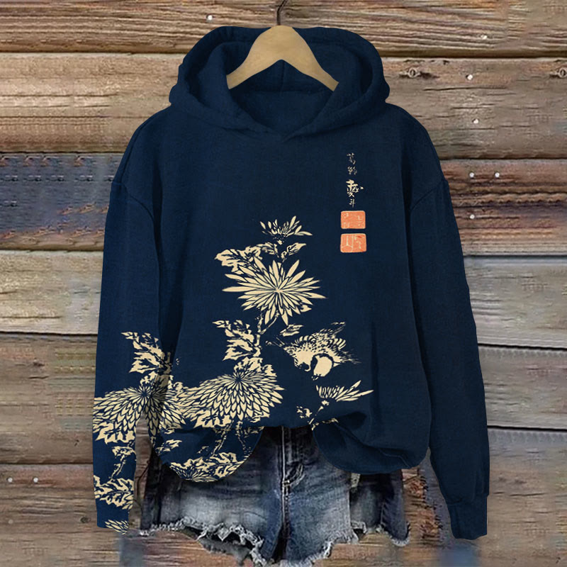 Vintage Chrysanthemum Print Long Sleeve Hoodie - Navy Blue - 8XL - image 1