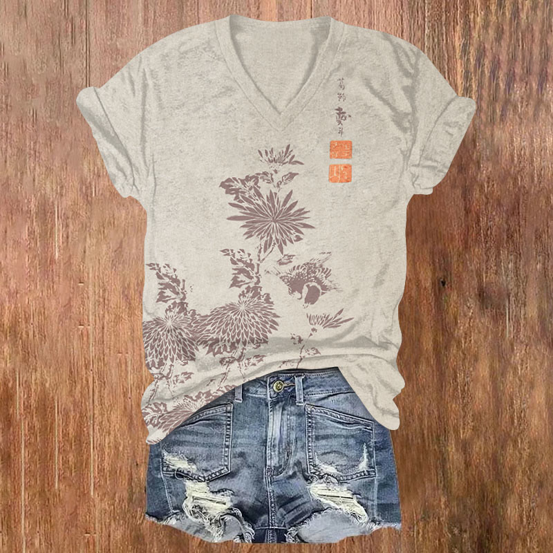 Vintage Chrysanthemum Print V-neck T-shirt - Apricot - 5XL - image 2