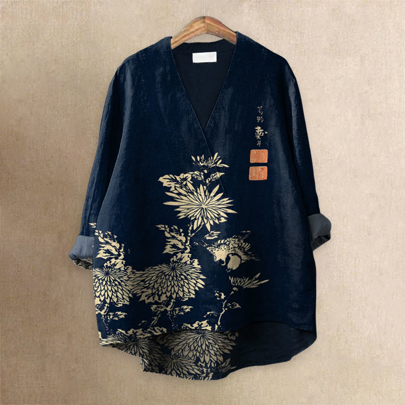 Vintage Chrysanthemum Printed Casual V-neck Blouse - Navy Blue - 6XL - image 1