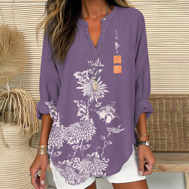 Vintage Chrysanthemum Printed V Neck Long Sleeve Blouse - Purple - 8XL - image 2