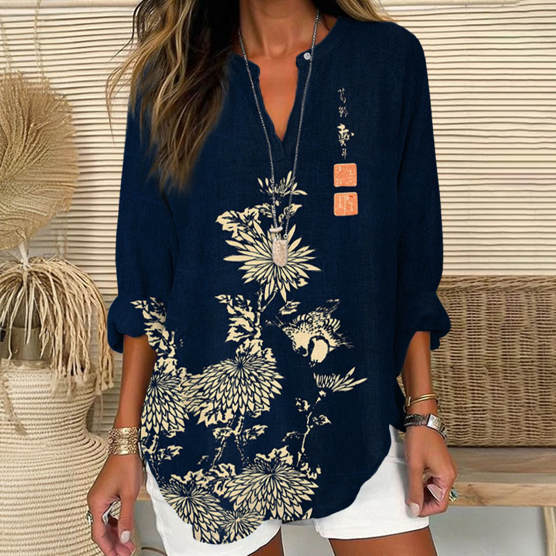 Vintage Chrysanthemum Printed V Neck Long Sleeve Blouse - Navy Blue - 8XL - image 1