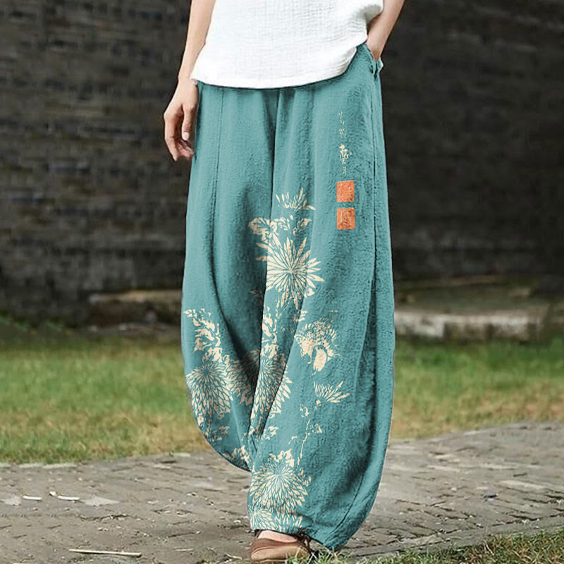Vintage Chrysanthemum Print Casual Pants - Blue - 5XL - image 2