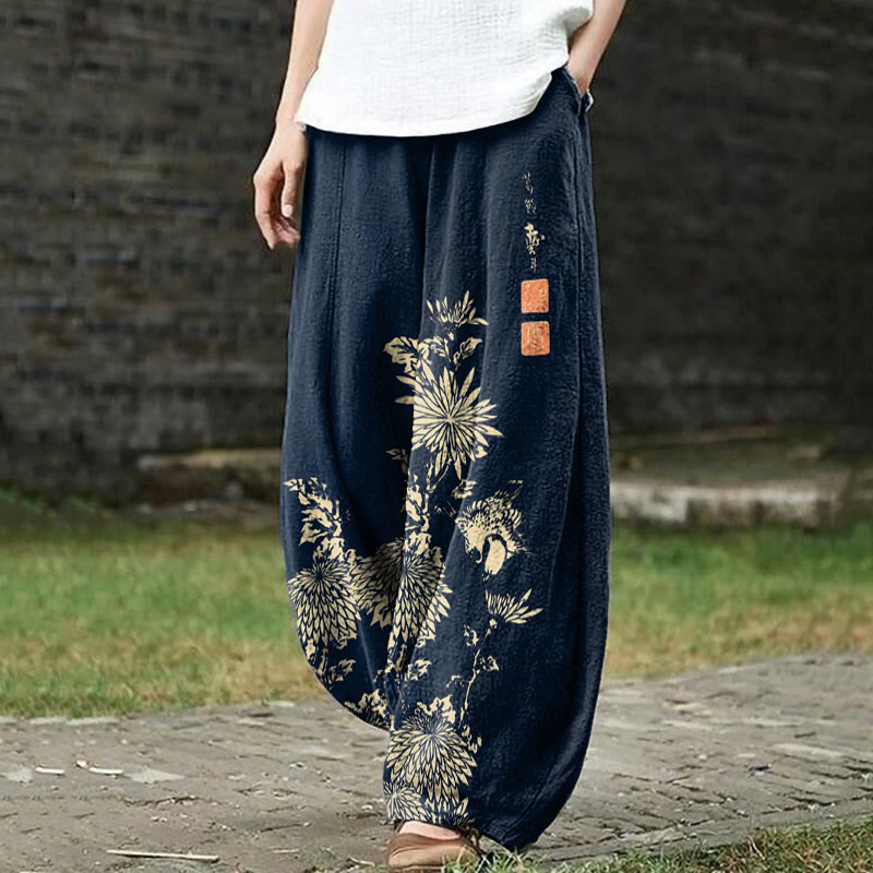 Vintage Chrysanthemum Print Casual Pants - Navy Blue - 5XL - image 1