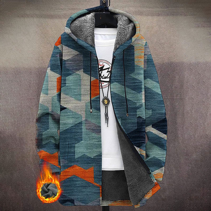 Men's Geometric Colorblock Print Unisex Plush Thick Long-sleeved Fleece Jacket Coat - Multicolor - 5XL - image 1