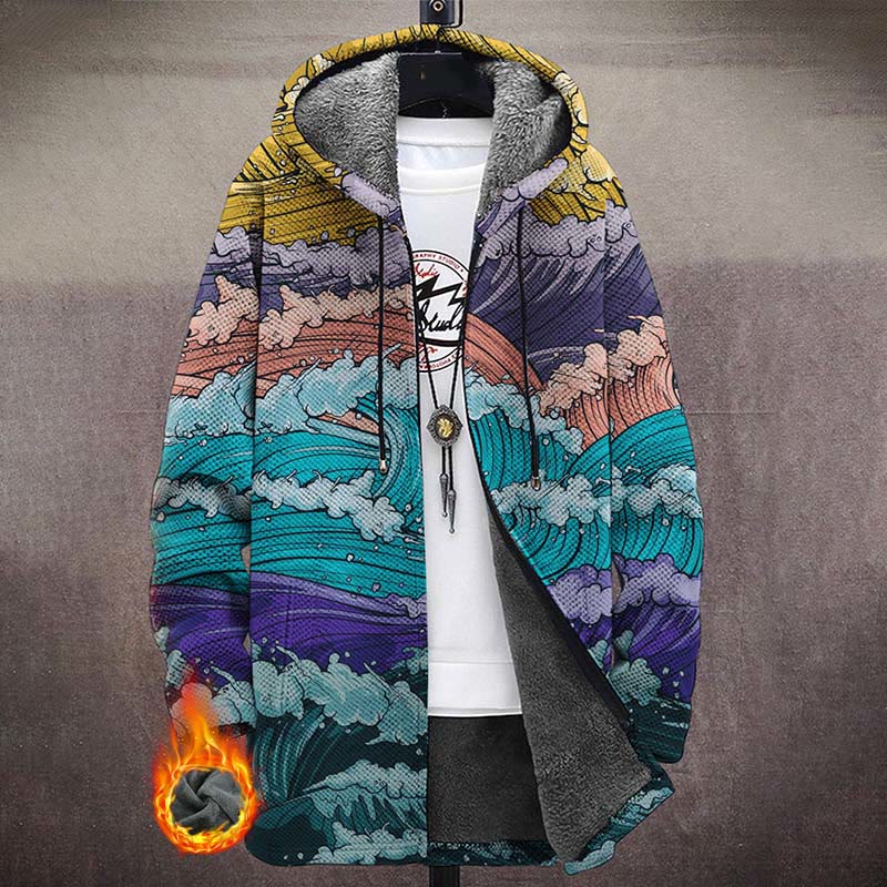 Men's Multi-color Wave Print Unisex Plush Thick Long-sleeved Fleece Jacket Coat - Multicolor - 5XL - image 1