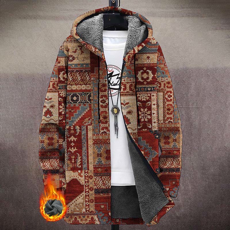 Men's Retro Native Pattern Print Unisex Plush Thick Long-sleeved Fleece Jacket Coat - Red - 5XL - image 1