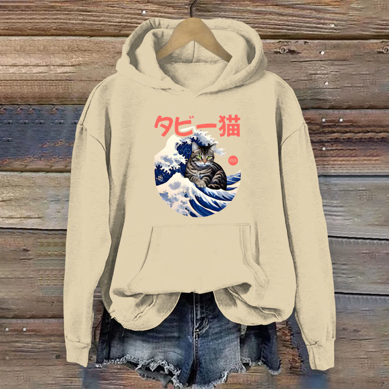 100% Cotton Japanese Ocean Wave Surfing Cat Print Women's Hoodie - Apricot - 2XL - image 1