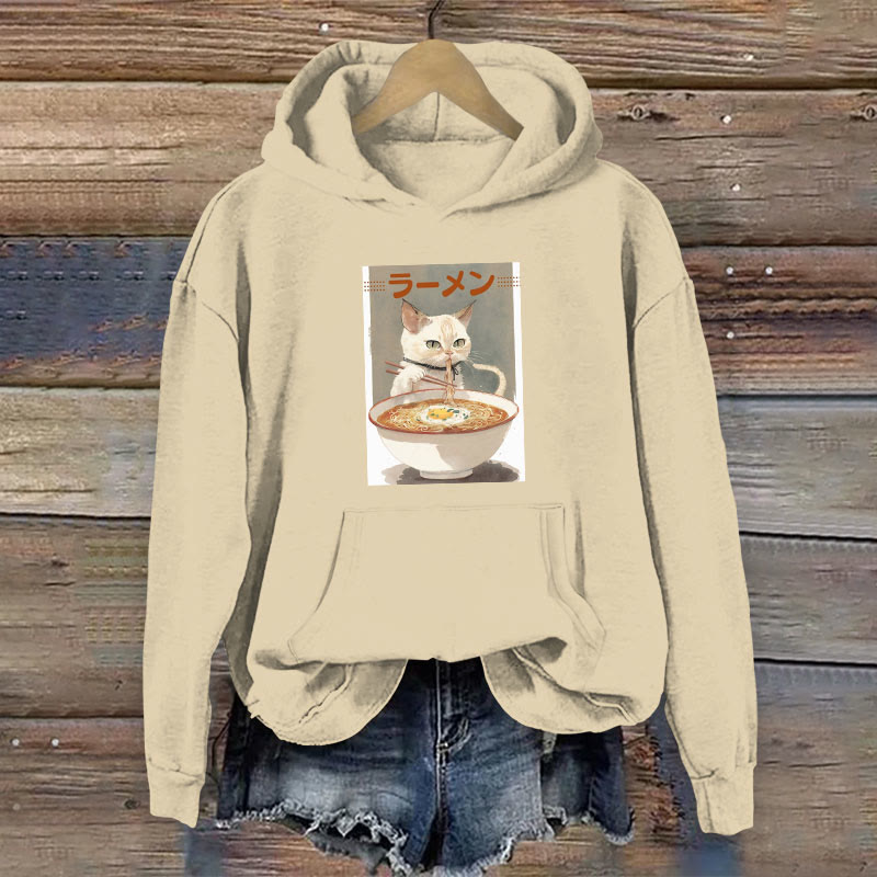 100% Cotton Japanese Funny Eating Noodles Cat Print Women's Hoodie - Apricot - 2XL - image 1