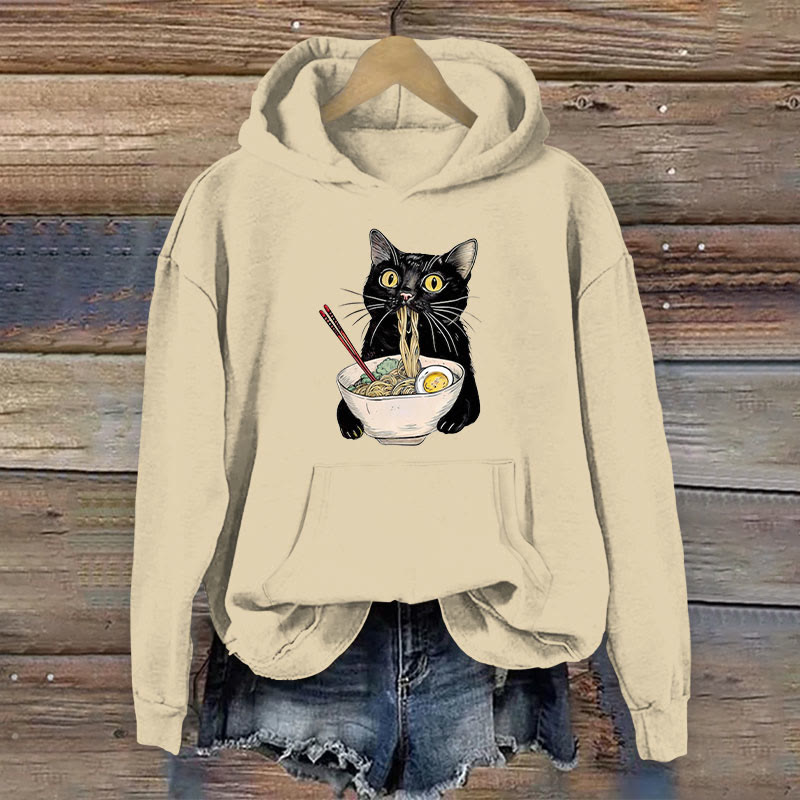 100% Cotton Japanese Lovely Black Cat Eating Noodles Print Women's Hoodie - Apricot - 2XL - image 1
