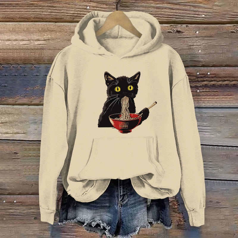 100% Cotton Japanese Cute Black Cat Enjoying Noodles Print Women's Hoodie - Apricot - 2XL - image 1