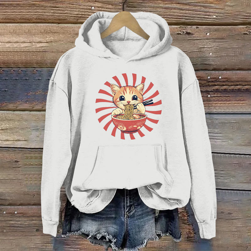 100% Cotton Japanese Joyful Kitten Having Noodles Print Women's Hoodie - White - 2XL - image 2