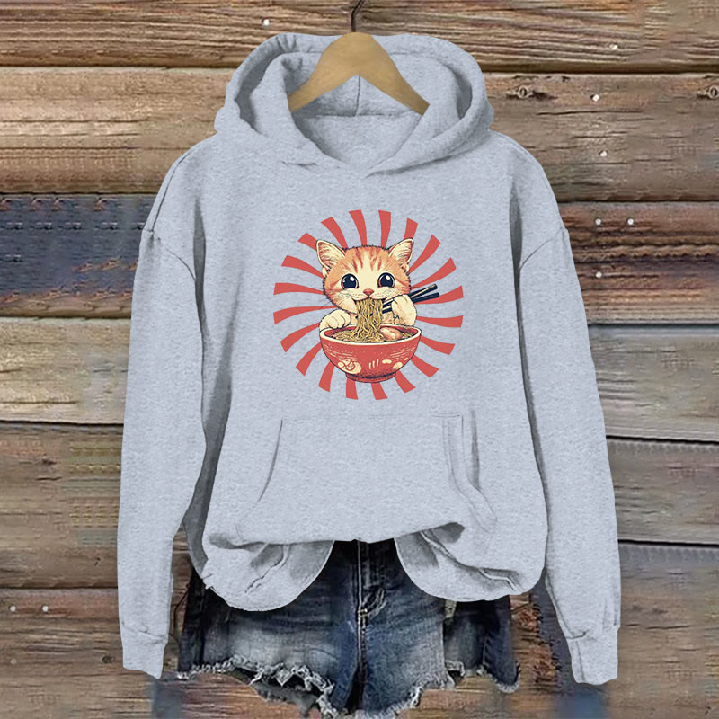 100% Cotton Japanese Joyful Kitten Having Noodles Print Women's Hoodie - Light Blue - 2XL - image 1