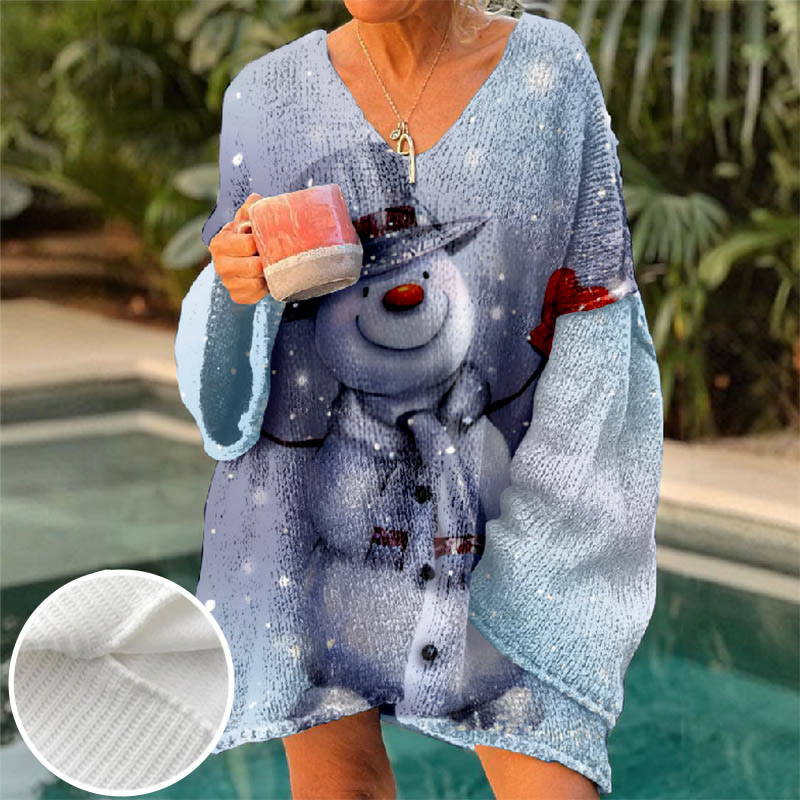 Geometric Snowflake Lovely Snowman Christmas Art Print V-neck Pullover Sweater - Blue - 6XL - image 1