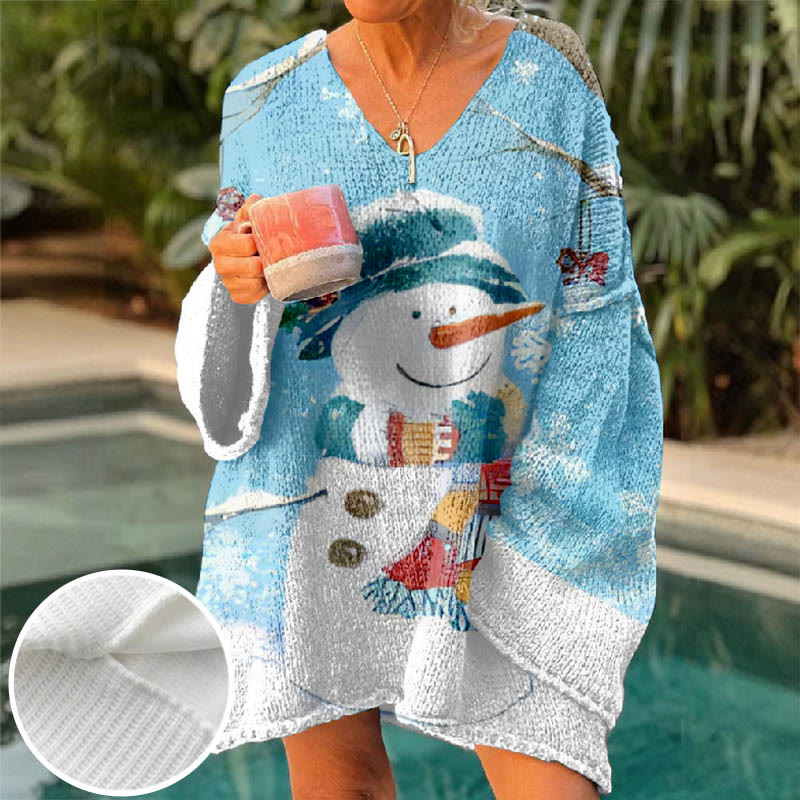 Geometric Snowflake Cute Scarf Snowman Christmas Art Print V-neck Pullover Sweater - Sky Blue - 6XL - image 1