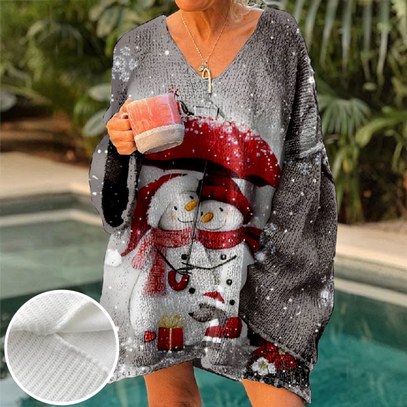 Christmas Umbrella Loving Snowman Art Print V-neck Pullover Sweater - Grey - 6XL - image 1