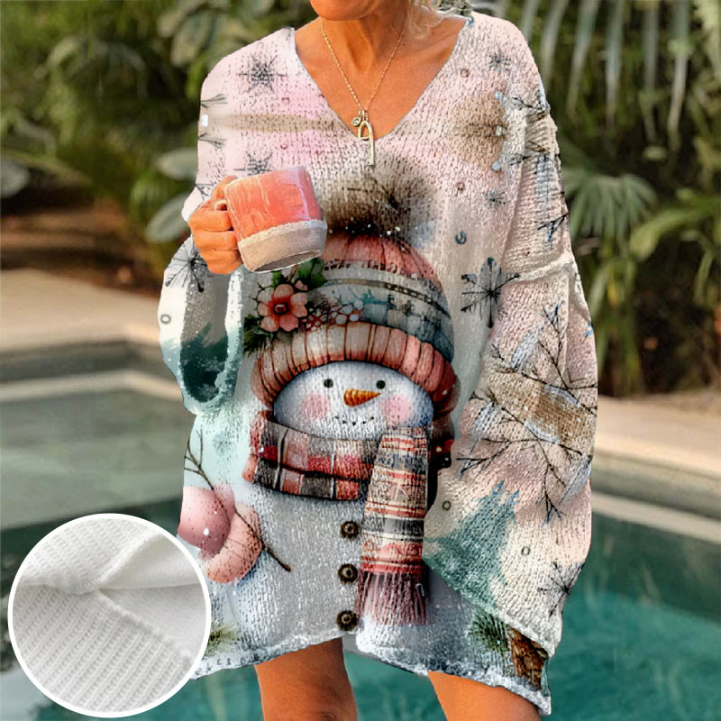 Christmas Winter Snowflake Floral Snowman Print V-neck Pullover Sweater - Multicolor - 6XL - image 1