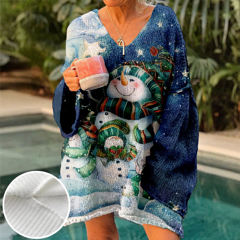 Christmas Outfit Mother And Baby Snowman Print V-neck Pullover Sweater - Blue - 6XL - image 1