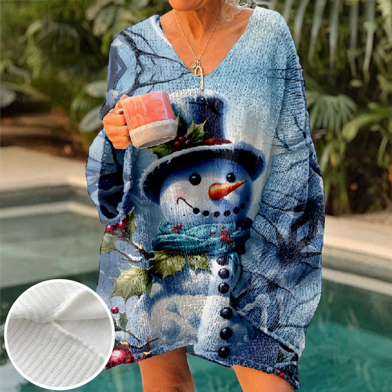 Christmas Winter Funny Dressing Snowman Print V-neck Pullover Sweater - Blue - 6XL - image 1