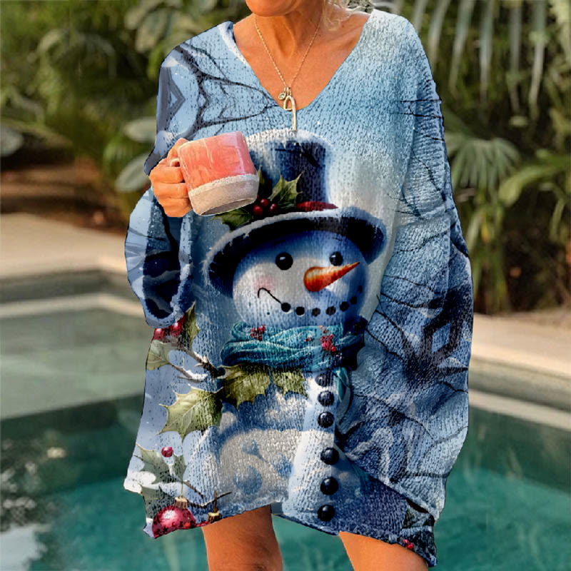 Christmas Winter Funny Dressing Snowman Print V-neck Pullover Sweater - image 2