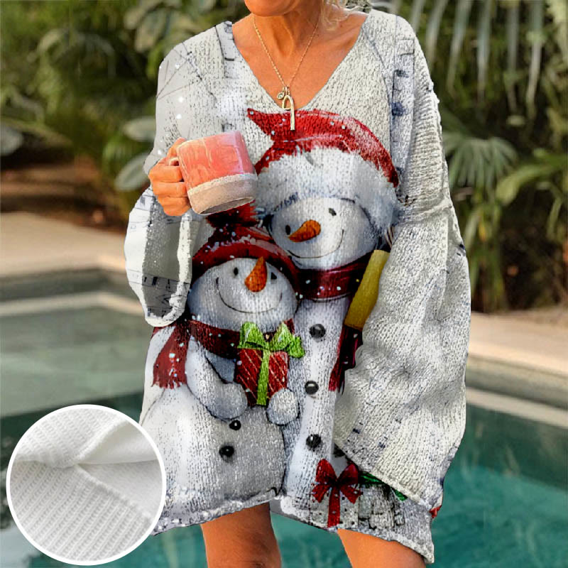 Christmas Loving Snowman Holding Gift Art Print V-neck Pullover Sweater - White - 6XL - image 1