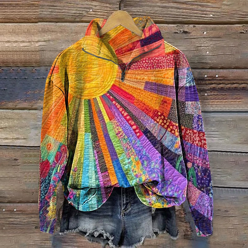 Colorful Sun Collage Art Print Long Sleeve Zipper Sweatshirt - Multicolor - 5XL - image 1